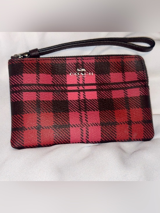 Coach Handbags - Coach F23632 Buffalo Shadow Plaid Red Black Corner Zip Wristlet 2017